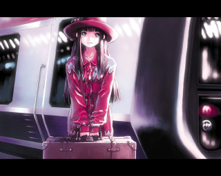 Woman red hat suitcase train - a manga drawing free wallpaper for desktop