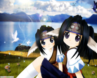 Anime girls lake grass flowers - overhead and a bird free wallpaper
