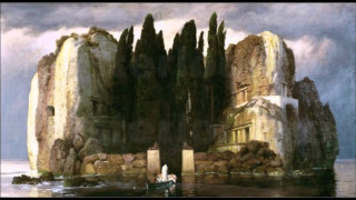 Rocky island boat man water - symbolist free wallpaper