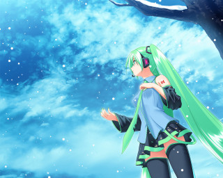 Anime girl green hair snowy - a blue sky background free wallpaper