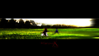 Couple walking green field forest - blender and photoshop free wallpaper