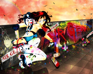 Woman skateboard graffiti birds cyberpunk - a woman riding free wallpaper