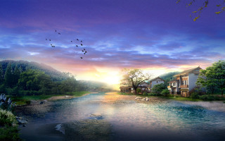 River houses birds sunset dawn - house free wallpaper