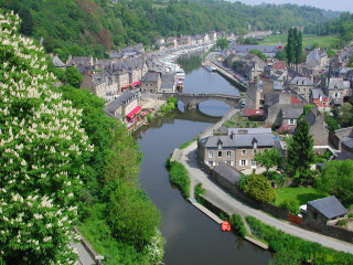 River town trees buildings bridge - a small town free wallpaper