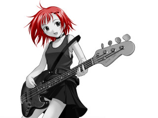 Redhair girl bassguitar blackdress whitebg - black shoe free wallpaper