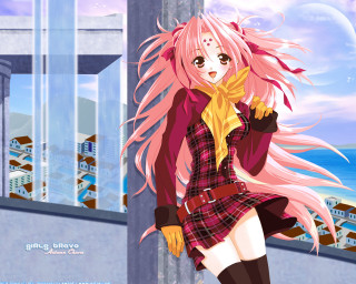 Pink haired girl ocean city - a yellow scarf free wallpaper