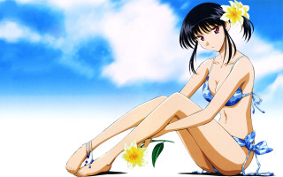 Woman bikini flower sky ocean - anime visual free wallpaper