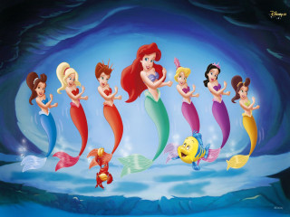 Mermaids swimming ocean group fish - the water behind them free wallpaper