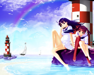 Anime girls ocean lighthouse rainbow - a rock in the ocean free wallpaper