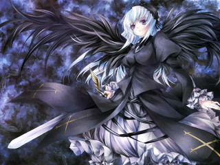 White haired woman black wings 2 - her hand and a flower free wallpaper