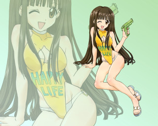Girl yellow bathing suit gun - a green background behind her free wallpaper