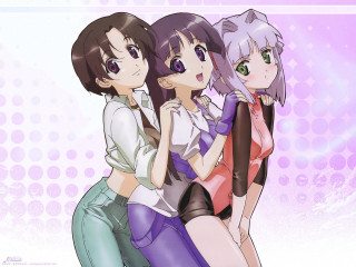Three purple haired girls green - blue pants free wallpaper