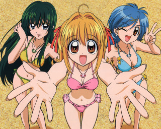 Three anime girls beach bikini 3 - their hand free wallpaper