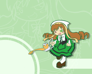 Cartoon girl green dress scissors - a green dress holding free wallpaper