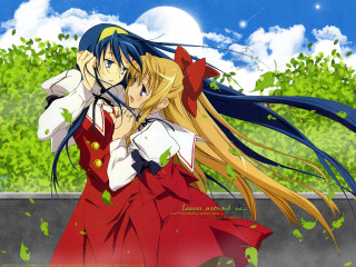 Anime girls hug fullmoon outdoors - a couple of anime girls free wallpaper