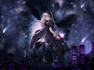 Girl flying city night purple 2 - the air over a city free wallpaper