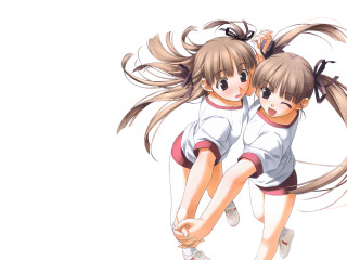 Anime girls hugging holding hands - hand free wallpaper for desktop