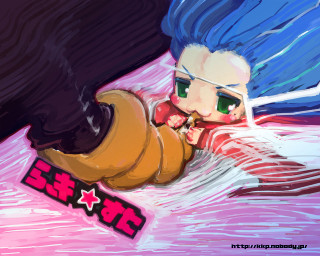 Cartoon girl bluehair smile bed - the bottom of the picture free wallpaper