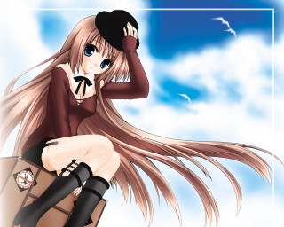 Girl longhair suitcase sky clouds - a suitcase free wallpaper