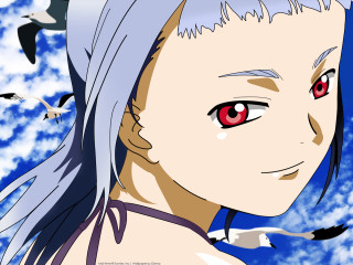 Bluehair redeyes girl birds sky - cel free wallpaper