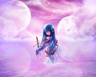 Blue haired girl water sword - a full moon in the background free wallpaper for desktop