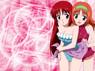 Eizan kikukawa anime girls hug - a pink background behind them free wallpaper