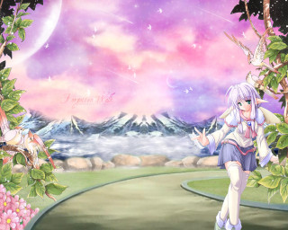 Girl field mountains pinksky anime - a path in a field free wallpaper