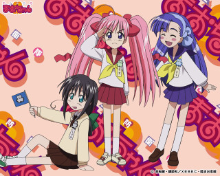 Three anime girls pink blue 2 - a blue hair free wallpaper