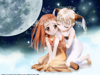 Anime couple fullmoon stars aurora - the ground in front free wallpaper for desktop