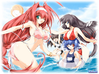 Anime girls water cat raft - the back free wallpaper for desktop