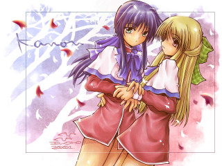 Anime girls hug purple background 2 - official art free wallpaper for desktop