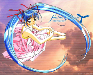 Blue hair pink dress flying - a blue tail free wallpaper