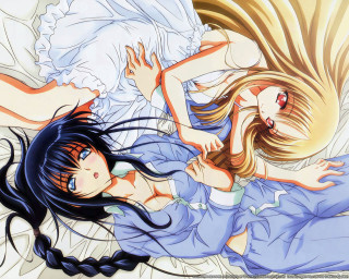 Anime girls bed hug blonde - their arm free wallpaper
