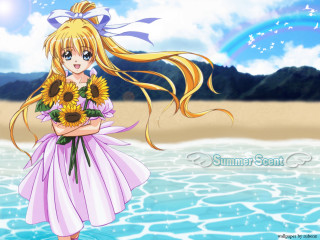Girl sunflowers beach water anime - the water near a beach free wallpaper