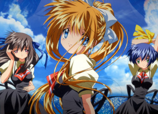 Anime girls blue sky clouds 7 - three anime girl free wallpaper
