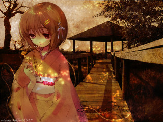 Girl kimono food tree anime - her hand and a tree in the background free wallpaper