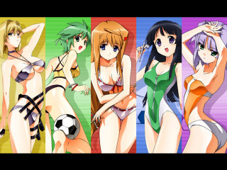 Anime girls bathing suits rainbow - a group of women free wallpaper