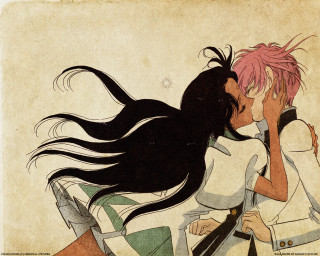 Anime kiss pinkhair longhair whitegreen - green pants free wallpaper
