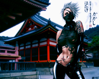 Woman cyberpunk ninja architecture library - a pagoda in the background free wallpaper