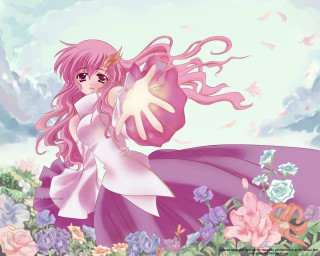 Pink hair girl flower field - her hand and a flower free wallpaper