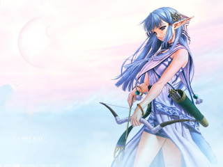 Bluehair elf archer pinksky fantasy - blue hair holding free wallpaper for desktop