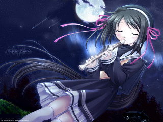 Girl flute night moon gothic 2 - a full moon behind her free wallpaper for desktop