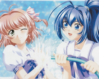 Bluehair animegirls smiling umbrella uniform - white shirt free wallpaper for desktop