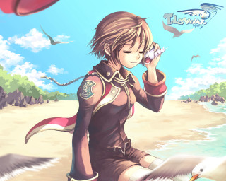 Beach girl bird seagull anime - above her head free wallpaper for desktop