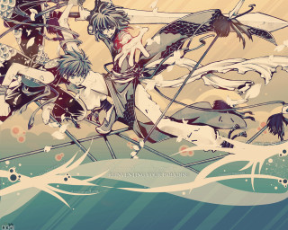 Ocean boat group anime fantasy - lineart free wallpaper for desktop