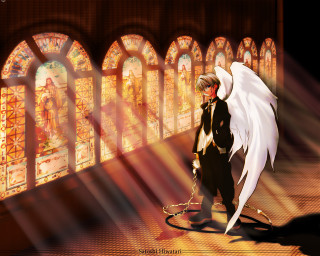 Angel wings stained glass cityscape - a stained glass window free wallpaper
