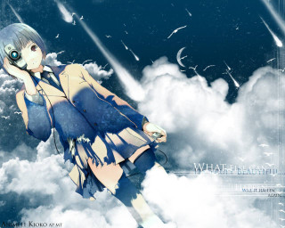 Girl blue dress flying clouds - her hand and a sky background free wallpaper