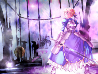 Purple armored woman sword glowing - darkness free wallpaper