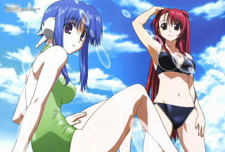 Anime girls beach bikini blue - their back free wallpaper for desktop