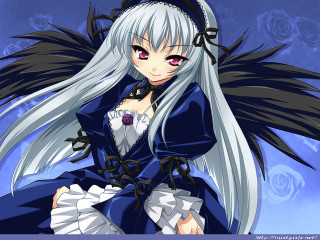 White haired anime gothic rose - black wing free wallpaper for desktop